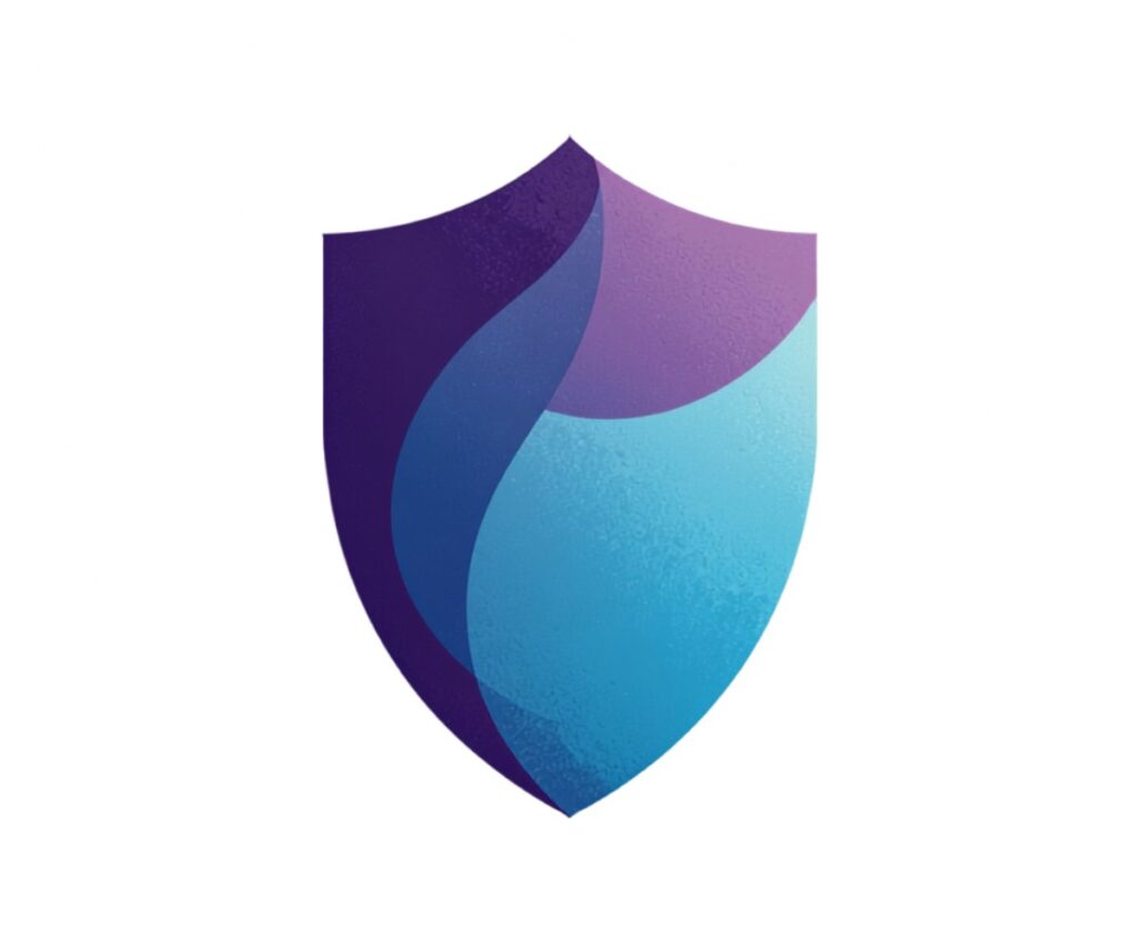 Ilustración de un escudo formado por curvas orgánicas en morado profundo, lila y cian