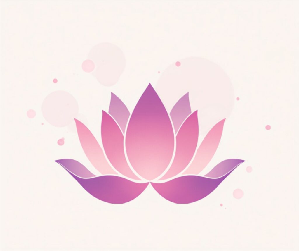 Ilustración de una flor de loto abriéndose en tonos rosa y lila sobre fondo claro