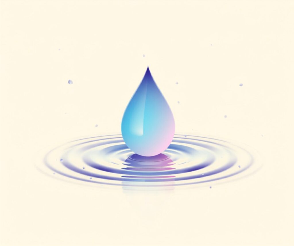Ilustración de una gota de agua en degradado cian y lila sobre ondas concéntricas serenas