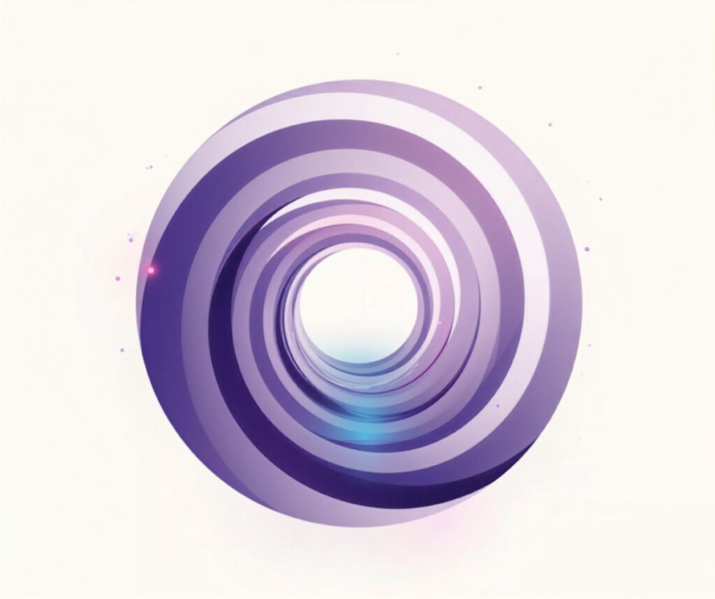 Ilustración abstracta de anillos concéntricos lila contrayéndose hacia un centro luminoso