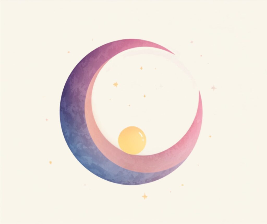 Ilustración de una luna creciente lila abrazando una pequeña esfera dorada luminosa