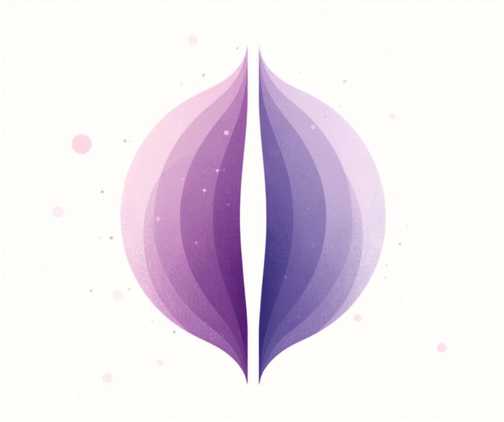 Ilustración abstracta de dos mitades simétricas moradas con una línea central vertical