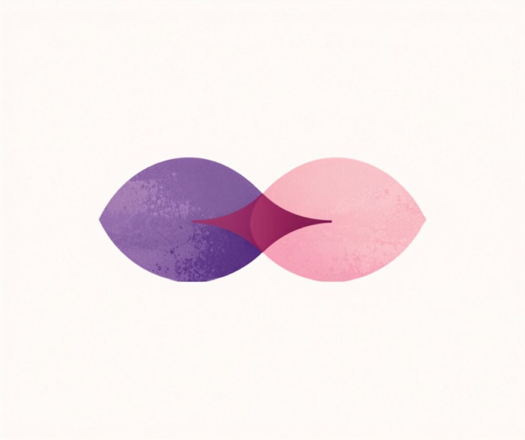 Ilustración abstracta de dos formas orgánicas lila y rosa encontrándose con suavidad