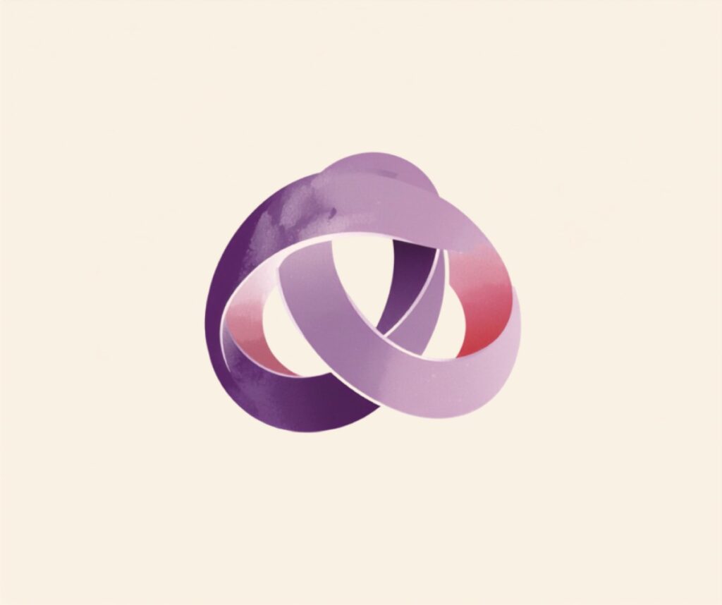 Ilustración abstracta de un nudo suave de cintas lila y rosa aflojándose
