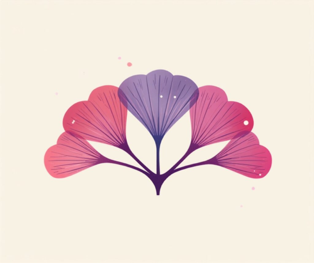 Ilustración de hojas de ginkgo estilizadas en tonos lila y rosa sobre fondo claro